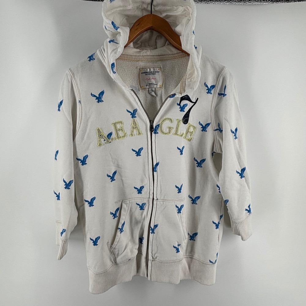 American Eagle Outfitter Women White Blue AOP Logo Full Zip 3/4 Sleeve Hoodie L
